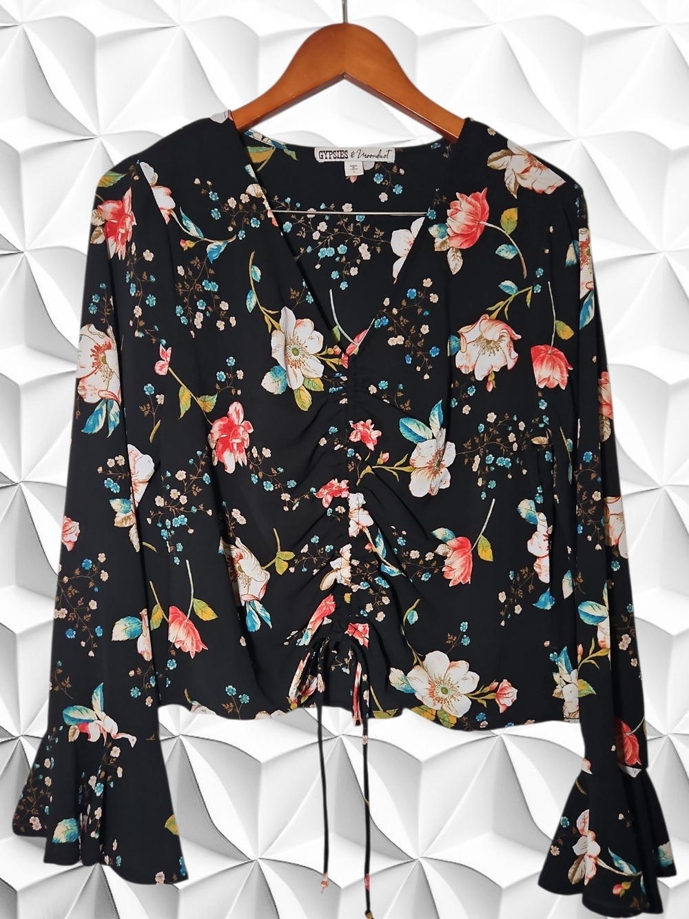 Gypsies & Moondust Black Floral Ruched Front Blouse Bell Sleeve Large